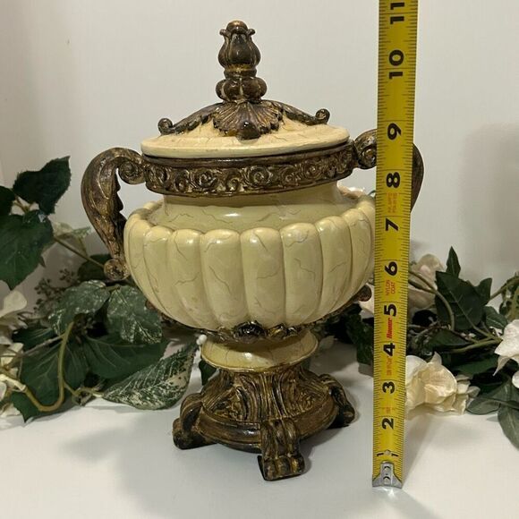 Antique Look Roman Greek Urn Planter Vase 9"x 11" Cream & Bronze Ornate With Lid - Picture 14 of 14